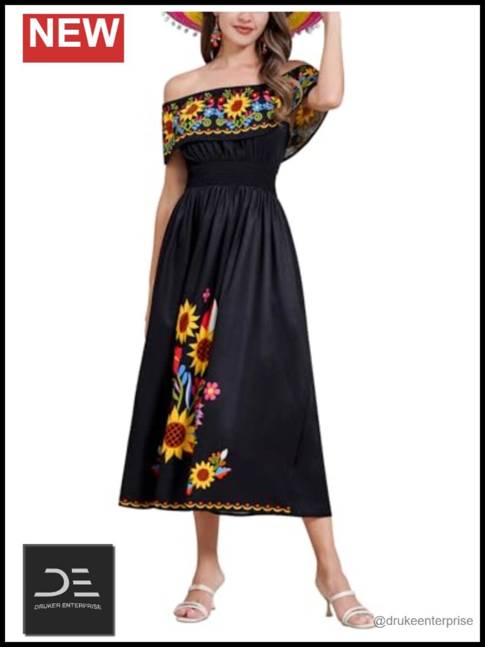 Women Off Shoulder Maxi Dress Floral Sunflower Fiesta Cinco De Mayo